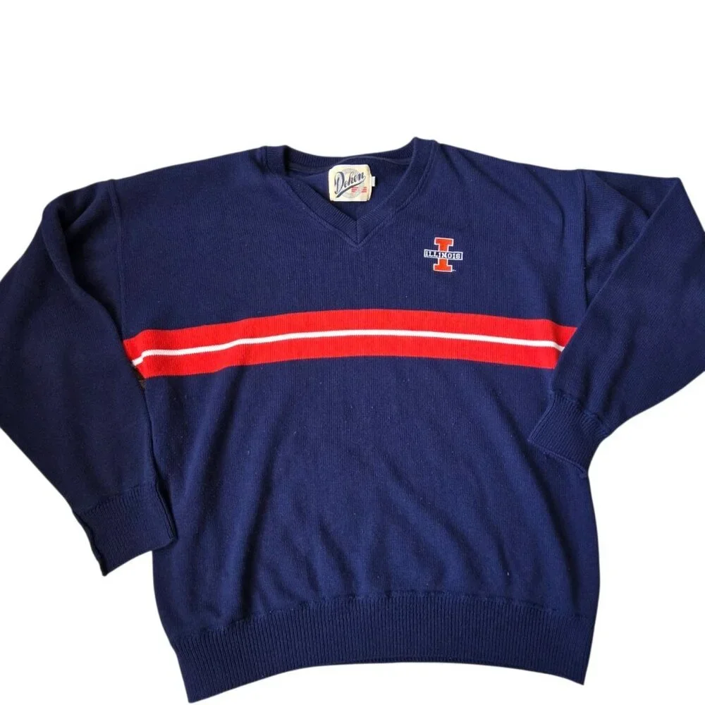 VINTAGE Fighting Illini Sweater Mens 2XL Dehen Blue V Neck Acrylic Long Sleeve